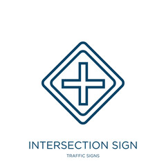 Poster - intersection sign icon from traffic signs collection. Thin linear intersection sign, direction, road outline icon isolated on white background. Line vector intersection sign sign, symbol for web and