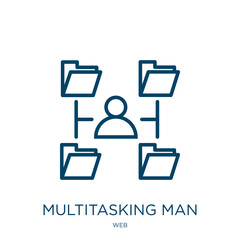 Poster - multitasking man icon from web collection. Thin linear multitasking man, multitasking, busy outline icon isolated on white background. Line vector multitasking man sign, symbol for web and mobile