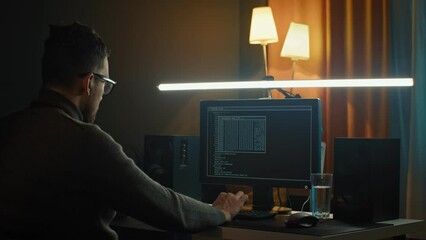 Shot of hacker writing program code both on laptop computer sitting at desk at home. Closeup coding on screen, Man hands coding html and programming on screen laptop, development web, developer.