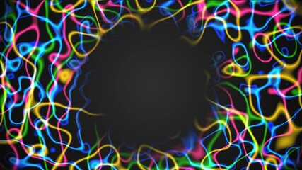 Poster - Neon animated rainbow background frame of chaotic circles. Movement of luminous lines. Texture of sparkling lightning, energy flows. Artificial intelligence. Pattern for technology, medicine. 4k