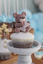 Decoration Details Of A Birthday Cake Made For Little Boy Girl, In Blue And White. Teddy Bear Birthday Cakes.