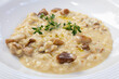 risotto with porcini mushrooms on white plate on wooden table