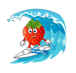 Sticker - strawberry surfing character. cartoon mascot vector