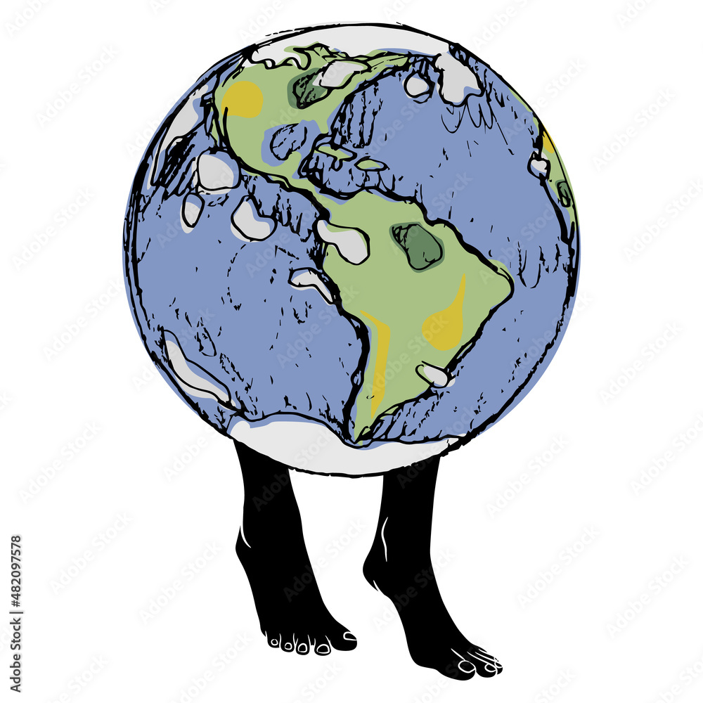Planet earth walking on human feet. Creative concept. Adobe Stock