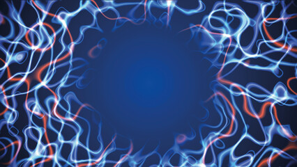 Poster - Neon background frame. Design of chaotic circles, glowing lines. Texture of sparkling lightning, space tunnel, energy flows. Artificial intelligence. Smoke rings. Poster for technology, medicine. 
