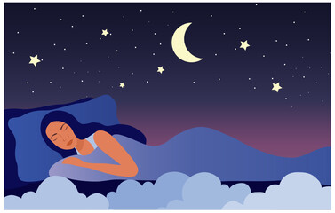 Healthy sleep concept, beautiful woman sleeping happily on bed at night time vector illustration