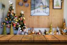 Empty Wood Table With Decorated Christmas Tree With Shiny Lights In Blurred Abstract Winter Landscape, Christmas Background For Product Display