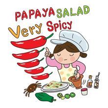 Cartoon Little Cute Girl Chef Cooking Thai Food Papaya Salad, Illustrator Vector Cartoon Drawing