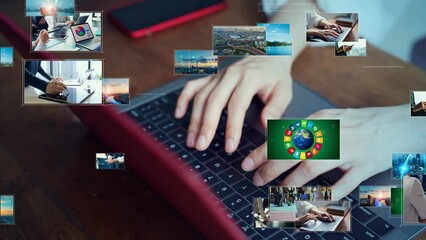 Poster - Woman watching videos with a laptop PC. Visual contents concept. Social networking service. Streaming video. communication network.