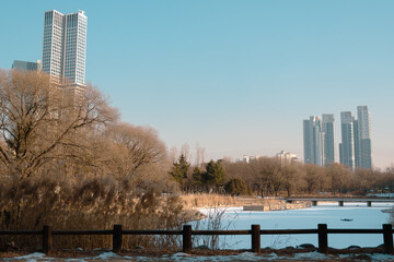 Sticker - Seoul Forest Park and apartment building at winter in Seoul, Korea