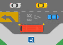 Safety Driving And Traffic Regulating Rules. Give Way And Priority To Buses When They Are Signaling To Pull Away From Stops. Top View Of A City Road. Flat Vector Illustration Template.
