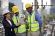 © Stock Media Labs - Group of young engineer in suits, and foreman in reflective vests and wearing safety helmet use tablet . Engineering and construction concept.