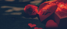 Roses And Hearts On Wooden Board, Valentines Day Background, Wedding Day