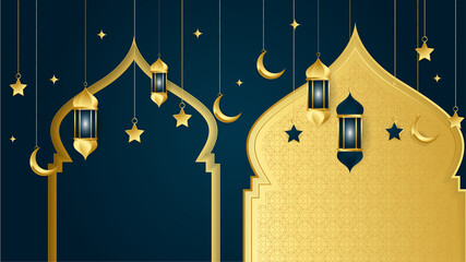 golden lantern arabic dark blue Islamic design background. Universal ramadan kareem banner background with lantern, moon, islamic pattern, mosque and abstract luxury islamic elements