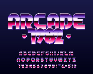 Poster - Arcade 1982 alphabet font. Digital letters and numbers. 80s arcade video game typescript.