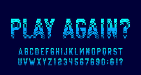 Poster - Play Again alphabet font. Pixel letters and numbers. 80s arcade video game typeface.