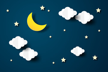 night sky with stars and moon. paper art style. Dreamy background with moon stars and clouds, abstract fantasy background. Half moon, stars and clouds on the dark night sky background.