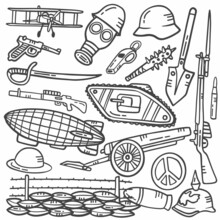 World War 1 History Concept Doodle Hand Drawn Set Collections With Outline Black And White Style