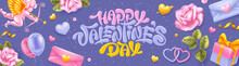 Happy Valentine's Day Banner Template With Calligraphy Lettering,  Pink Rose Flowers, Valentines, Gift Box, Golden Hearts And Cupid On Background With Very Peri Colour. Vector Illustration.