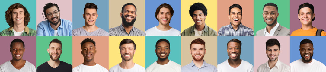 Wall Mural - Set of men portraits of different nationalities smiling to camera over colorful backgrounds