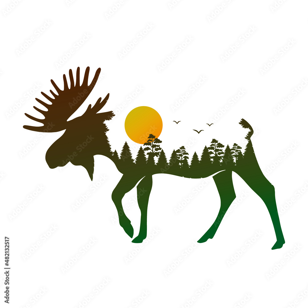 Vector drawing of a moose on a forest background Stock Illustration ...