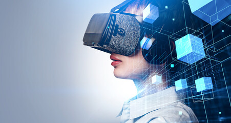 Poster - Businesswoman in white shirt is wearing vr helmet. Digital inter