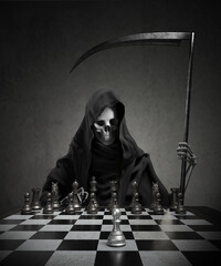 Wall Mural - Chess board game concept of business idea, Grim Reaper is playing chess