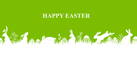 Poster - Easter banner with bunnies and eggs on the meadow