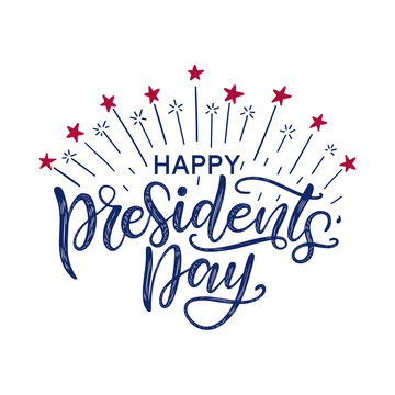 Happy Presidents' day typography poster in USA flag colors decorated by fireworks and stars. Modern brush calligraphy as a greeting card, postcard, banner, poster, tag. 
