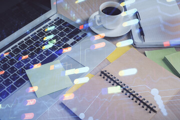 Aufkleber - Multi exposure of technology theme drawing and desktop with coffee and items on table background. Concept of data research.