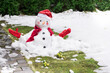Unhappy snowman in mittens, red scarf and cap is melting  outdoors on snowy grass with yellow tiny flowers on background of evergreen shrubs. Approaching spring, warm winter, climate change concept  