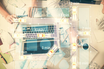 Poster - Double exposure of man and woman working together and a car hologram drawing. Autopilot concept. Computer background.