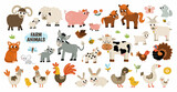 Fototapeta Fototapety na ścianę do pokoju dziecięcego - Big vector farm animals set. Big collection with cow, horse, goat, sheep, duck, hen, pig and their babies. Country birds illustration pack. Cute mother and baby icons. Rural themed nature collection.