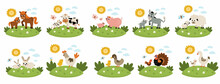 Vector Farm Animal Scenes Set. Collection With Cow, Horse, Goat, Sheep, Duck, Hen, Pig And Their Babies. Cute Country Mother And Baby Illustration With Grass Background, Sun, Clouds.