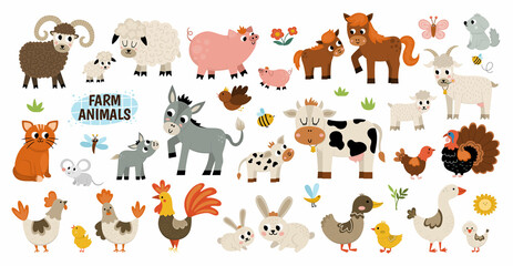 big vector farm animals set. big collection with cow, horse, goat, sheep, duck, hen, pig and their b