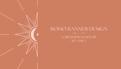 Wall Mural - vector bohemian logo design with sun,crescent moon and light rays.boho linear icon or symbols in tre