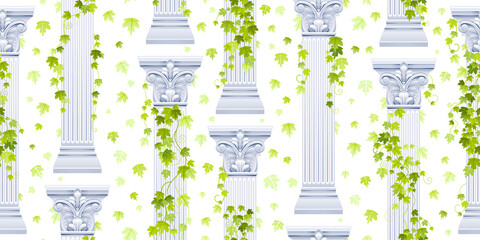 Wall Mural - Greek ivy pillar pattern. Vector ancient column seamless background. Architecture roman greek illustration with ivy plant. Antique design from rome and greece classic column buildings. Wedding pattern