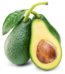 Two large avocados and cross cut of avocado with seed on white background. File contains clipping path.