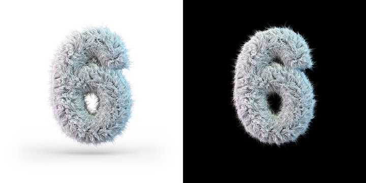Number 6. Digital sign. White fluffy font on black and white background. 3D