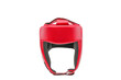 red leather boxing helmet close-up. is isolated on a white background. head protection. sports equipment