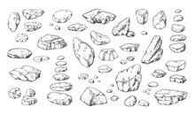 Stones Sketch. Hand Drawn Pebble And Boulders In Piles. Outline Doodle Rock Structure. Natural Material. Cobblestone Shapes. Isolated Geological Elements. Vector Granite Rubbles Set