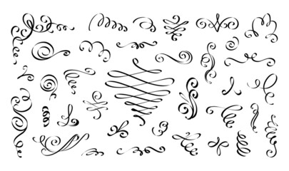 Swirl calligraphic line. Flourish script border. Vintage outline ornament elements. Black ink spirals and scrolls. Isolated classic dividers and vignettes. Vector sketch decoration set