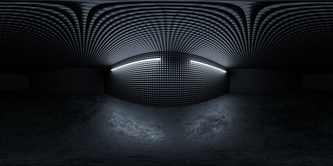 Poster - 360 full spherical panorama of abstract conrete basement hall with metallic walls with cold light and reflections 3d render illustration hdri hdr vr virtual reality environment map