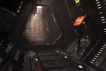 Poster - Dark atmospheric corridor in a futuristic space ship  or station. Science fiction concept 3D illustration.