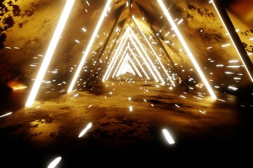 Poster - Flying through endless luminous tunnel. Construction with neon glowing hexagons. Hyperloop.  3d rendering illustration. Background pattern for design.