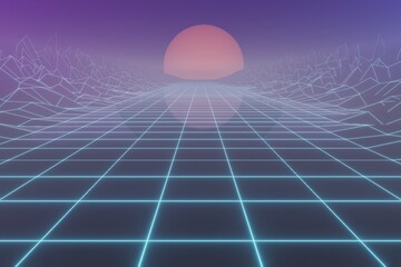 Synthwave wireframe 80s retro background.Retrowave horizon landscape with neon lights and low poly terrain.3 3d rendering illustration. Abstract creative futuristic background.