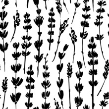Silhouette Meadow Flowers Seamless Pattern. Hand Drawn Abstract Lavender Flowers Ornament. Vector Botanical Black Ink Illustration. Retro Style Design For Textile, Wrapping Paper, Wallpaper Design