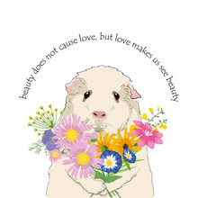 Vector Illustration Of A Cute Guinea Pig With A Bouquet Of Flowers, Cartoon Design.