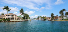 View Of Beautiful Homes On The Intracoastal Waterway At Lighthouse Point And Pompano Beach, Florida, USA. 