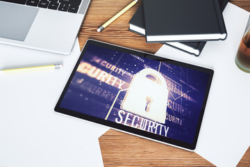 Poster - Creative idea concept with lock symbol and microcircuit illustration on modern digital tablet screen. Protection and firewall concept. Top view. 3D Rendering